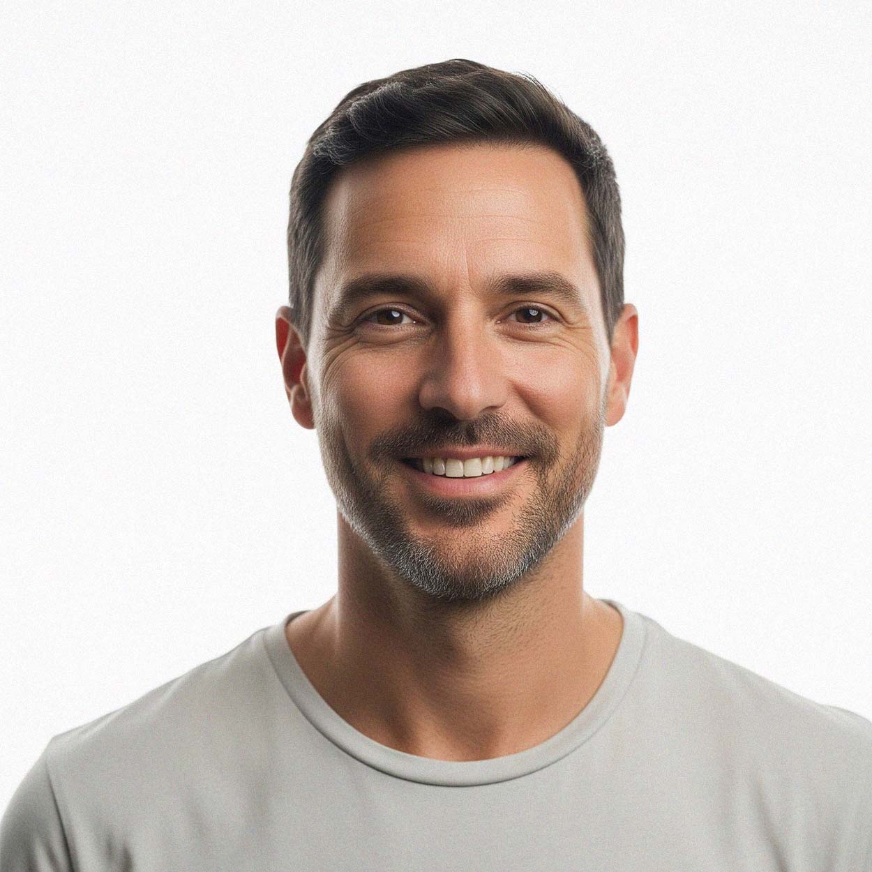 Man smiling, inviting men to participate in our surveys