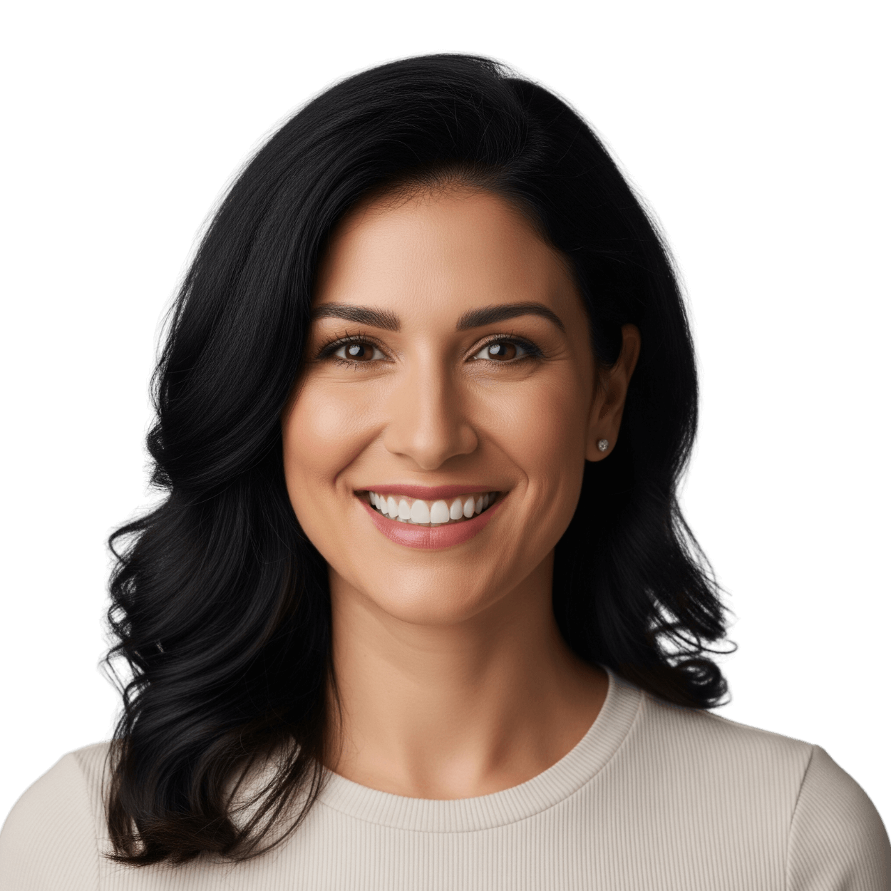 Woman smiling, inviting people to participate in our online surveys