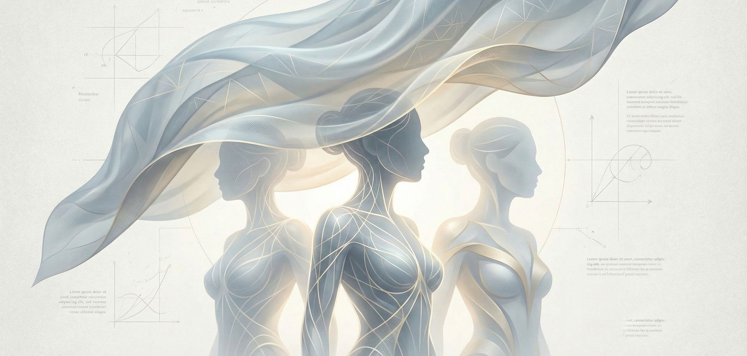 conceptual illustration of a veil or translucent layer lifting to reveal abstract female forms underneath