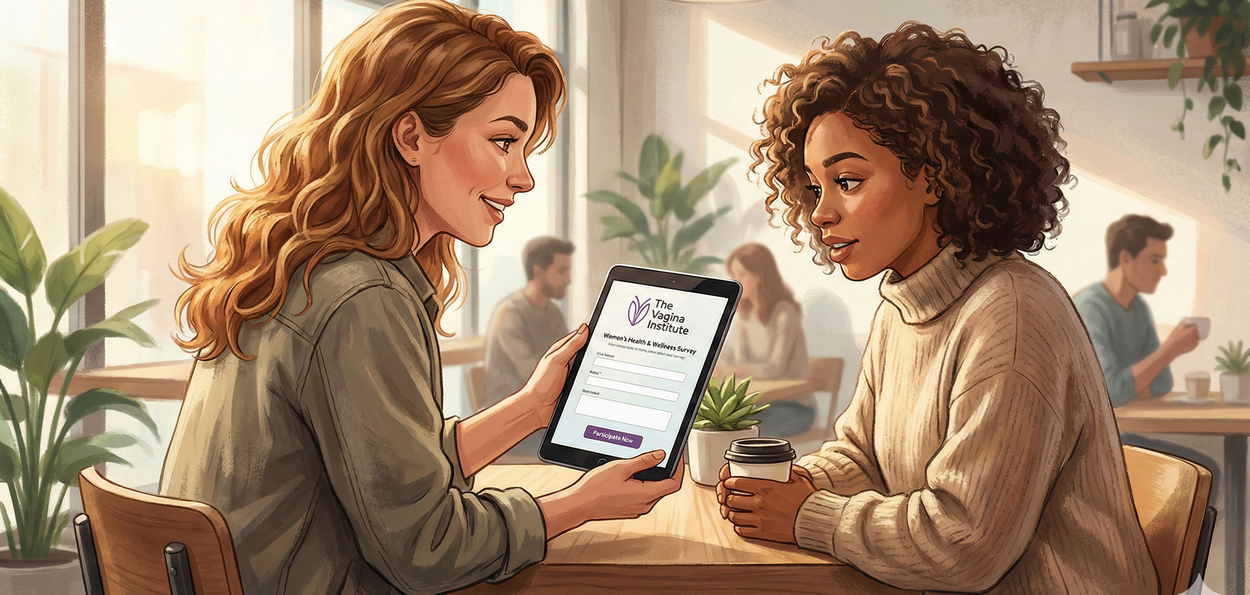 Woman showing a survey form on an ipad to another woman to participate