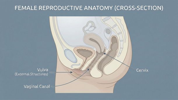 Diagrama educativo mostrando a anatomia vaginal e vulvar com estruturas identificadas