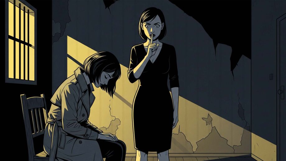 Woman in a jail cell being told to be quite and censor information.